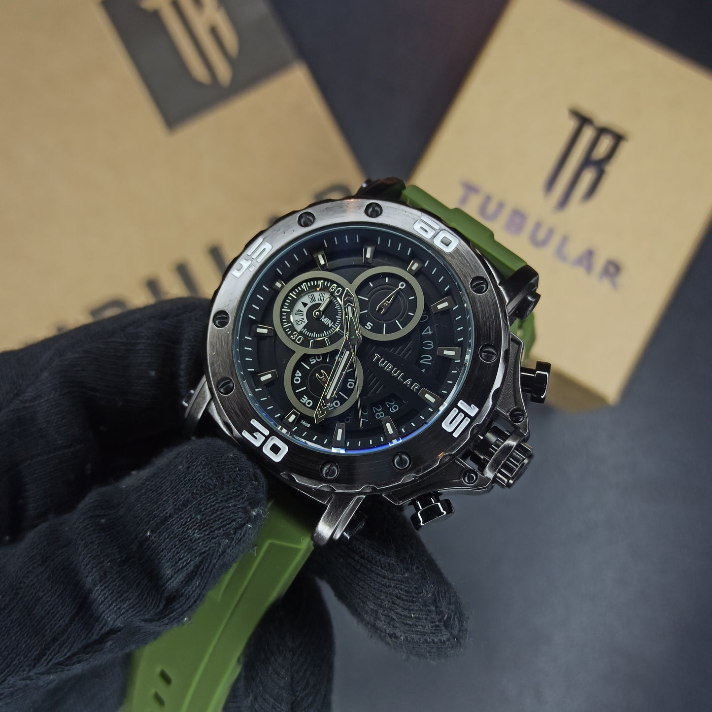 Tubular Chrono Watch For Men's | Green Silicon Strap