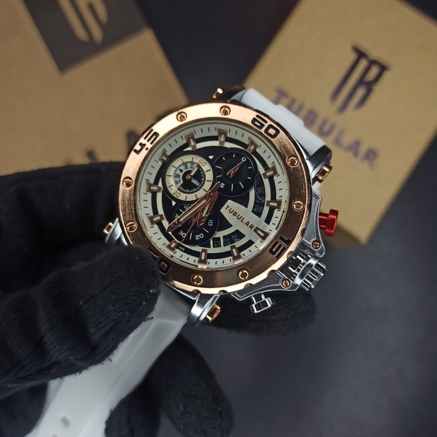 Tubular Chrono Watch For Men's | White Silicon Strap