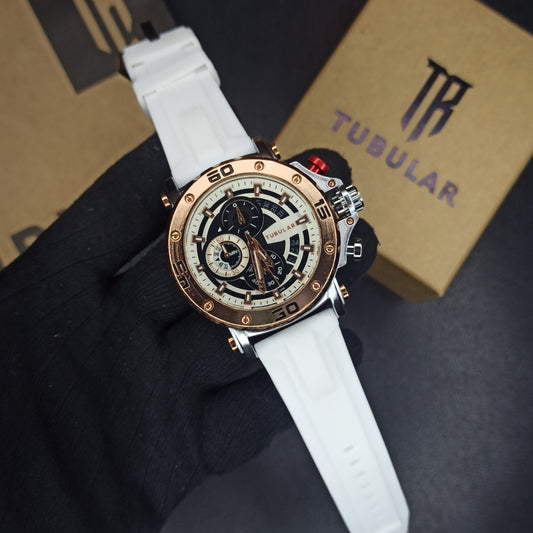 Tubular Chrono Watch For Men's | White Silicon Strap